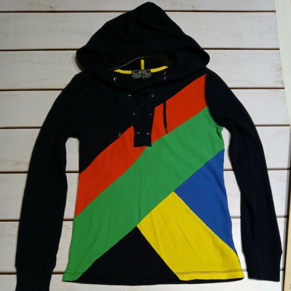 Women's Lauren Active Ralph Lauren Hooded Long Sleeve Shirt Small Color Block